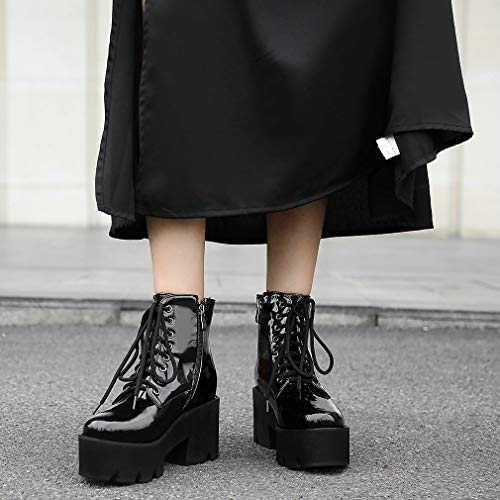 Image of Parisuit Womens Goth Patent Ankle Boots Platform Chunky Combat Boots | Lace Up, Gothic Boots, High Heel, Punk Short Booties, Buckle Boots, Chain Boots