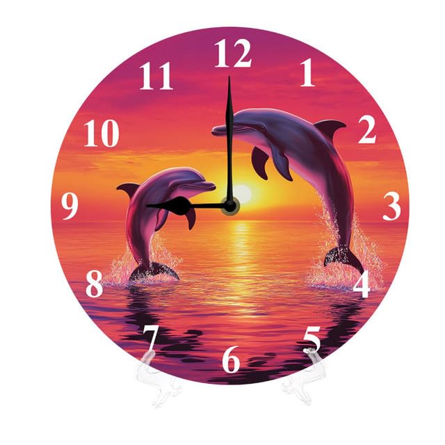 Geroclonup Wall Clock Dolphin Jumping Sea Animals Wood Battery Operated Silent Non-Ticking Clock Decorative for Home Kitchen Living Room Office Bathroom Bedroom(25cm)