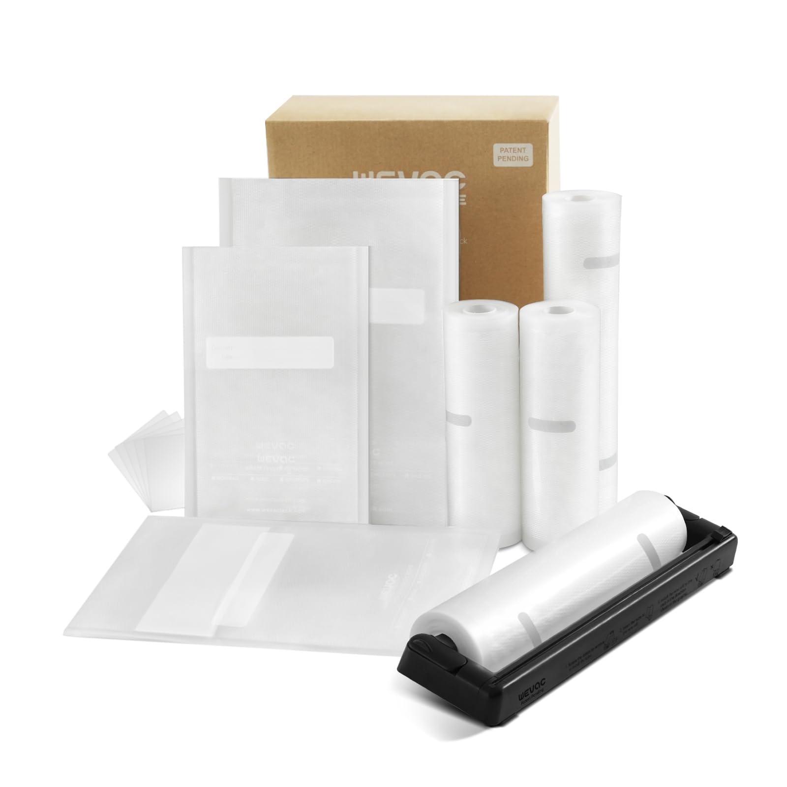 Family Pack Vacuum Sealer Rolls Bags, 6"x10" (50pcs), 8"x12" (70pcs), 8"x20' (2 rolls), 11"x20' (2 rolls), Compact Roll Dispenser, Leakproof Food Storage, Sous Vide, Meal Prep, Food Saver, Wevac Core