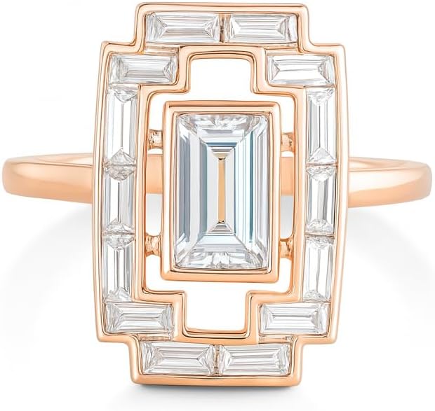 Emerald Cut Moissanite Art Deco Engagement Ring for Women 14k Rose Gold Baguette Halo Geometric Vintage Statement Ring Unique Wedding Promise Jewelry Gift