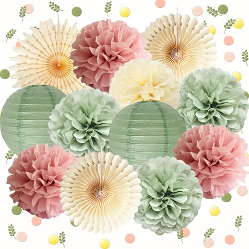 Dusty Pink and Sage Green Party Decorations Dusty Rose Sage Green Tissue Pom Poms Paper Lanterns Confetti Dots Scatter Table Decoration for Women Girls Birthday Party Wedding Baby Shower Engagement