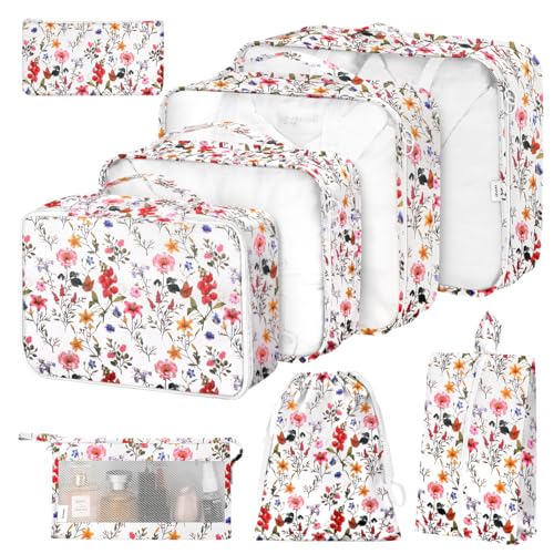 Image of 8 Set Packing Cubes for Suitcases, Packing Cube with Shoe, Cosmetics, Clothing, and Accessories Bags for Travel Luggage Organizer Women Men(Retro Flowers)
