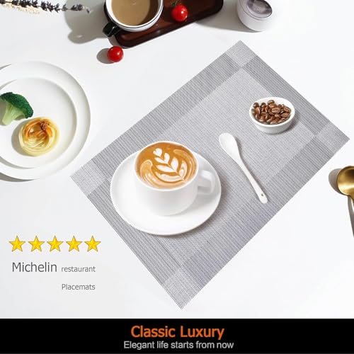 Image of Placemats Set of 6 Dining Table Place Mats | Placemats Table Mat PVC Material | Non-Slip Heat Resistant | Dining Tablemates Washable Anti-Skid | Size 45 x 30cm (Square Grey)