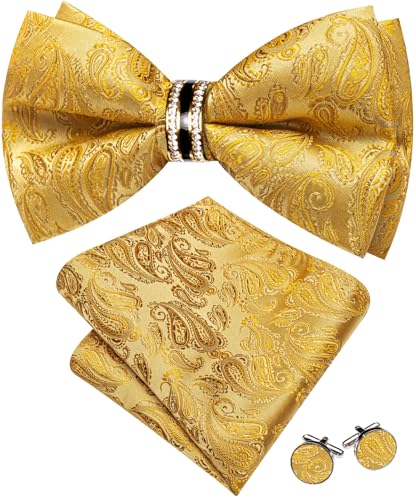 Image of YOHOWA Mens Bow Tie Set Paisley Pre-tied Bowties Adjustable with Handkerchief Cufflinks Gold Ring Set Wedding Prom Party