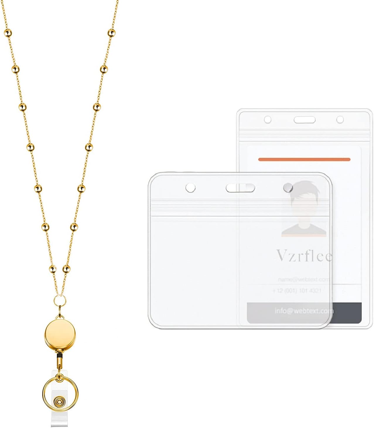 Retractable Badge Reel Lanyard with 2 Pieces ID Holder for Women, Fashion Beaded Chain Premium Stainless Steel Lanyard Necklace Water Resistant Name Badge Holder (Gold)
