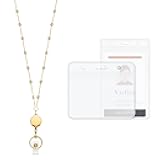 Vzrflee Retractable Badge Reel Lanyard with 2 Pieces ID Holder for Women, Fashion Beaded Chain Premium Stainless Steel Lanyard Necklace Water Resistant Name Badge Holder (Gold)