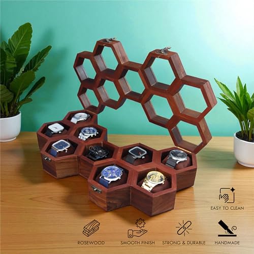 Image of Vintage Wooden Watch Box for Men, Timepiece Display Case, Honeycomb Watch Storage & Organizer, Jewlery Box for Women, Anniversary Gift For Husband (9 Compartments)