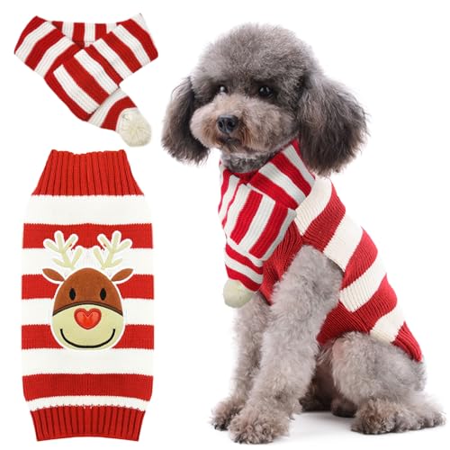 HRTTSY Christmas Dog Sweater and Scarf Set Cute Reindeer Ugly Xmas Puppy Cat Clothes Striped Pet Winter Outfit Soft Warm Knitwear Doggy Sweaters for Small Dogs Chihuahua Costume (Sweater+Scarf,M)