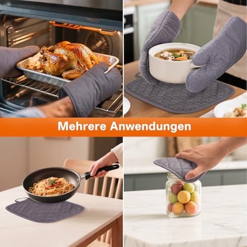 MILcea Ofenhandschuhe Topflappen Topfhandschuhe 4er Set - Ofenhandschuhe Hitzebestaendig bis 300°C, Rutschschutz, Verlängern, Weich, Backhandschuhe Kochhandschuhe Oven Gloves, Grau