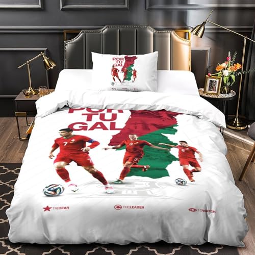 ZIMONJO Portugal Housse De Couette pour Adultes Et Enfants Housses De Couettes 3D Imprimé Football avec Taies Microfibr E avec Fermeture À Glissière Parure De Lit 2...