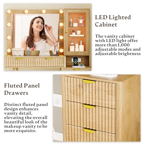 Image of Vanity Desk with Mirror and Lights, 45 inch Fluted Makeup Vanity Desk with Lights &5 Drawers, Glass Top Vanitys with Lighted Mirror and RGB Cabinet, Dressing Table with Power Outlet for Bedroom, Oak