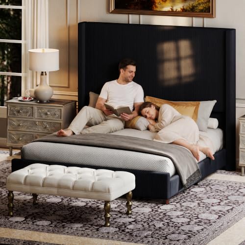 Ihanherry King Size 65" Tall Headboard Bed Frame with Charging Station, Upholstered Wingback Headboard with Washable Corduroy Cover, Noise Free, Solid Wood Slats & Legs, No Box Spring Needed, Black - image 2