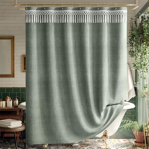 Image of AmazerBath Green Shower Curtains for Bathroom, Boho Farmhouse Shower Curtain with Top Tassels, Sage Green Shower Curtain with 12 Hooks, Faux Linen Fabric Hotel Quality, 72x72 Inches