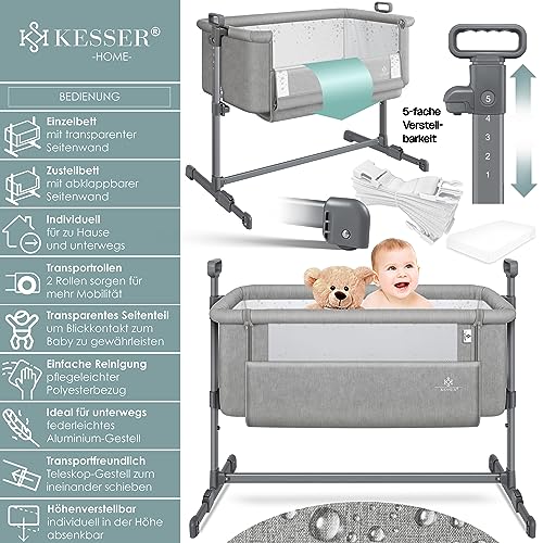 KESSER® Zustellbett Hubi 3in1 Baby Beistellbett Reisebett Babybett mit weich Matratze mit Rollen Kinderbett 5-Fach Höhenverstellung Faltbare Seitenwand für Zuhause und Unterwegs + Spanngurt Hellgrau