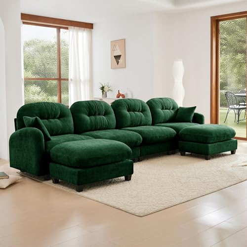 Image of KEIKI 140 inch U-Shaped Oversized Chenille Modular Sectional Sofa with 2 Ottoman, High-Density Foam Cushions, Tufted Pleated Cushion Backrest, Modern 4-Seater Couch with 2 Pillow, for Living Room, Green