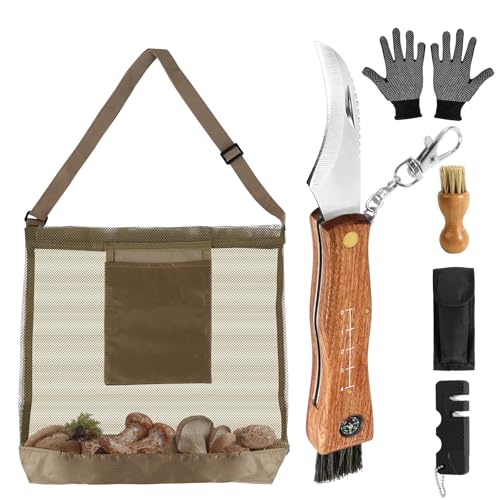 NZZVNZ Navaja para Setas Plegable, Navaja Setas con Cepillo y Bolsa, Navaja 3 en 1 para Setas, con Brújula y Guantes, Afilador de Cuchillos, Navaja Plegable Multifuncional para Recoger Setas