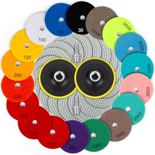 Tanzfrosch 18 Pack 4 inch Diamond Polishing Pads Set Wet/Dry Polishing Kit 18pcs 30#-10000# Grit Pads with 2pcs Hook and Loop Backer Pads for Granite Stone Concrete Marble Floor Grinder or Polisher