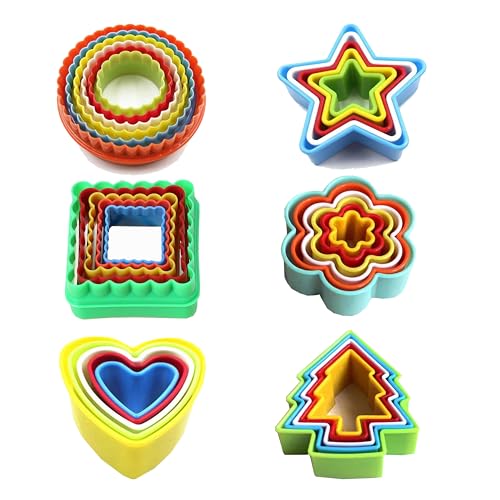 32Pcs Cookie Cutter Set Biscuit Cutters Shapes Multi-Size Sandwich Fondant Cake Fruit Vegetable Shapes Cutter Set Include Square Round Star Heart Flower Tree (6 Shapes)
