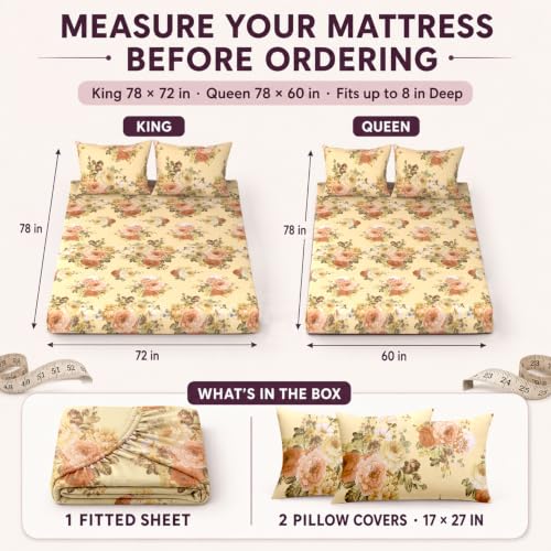 Image of Cloth Fusion Glace Cotton Elastic Fitted Bedsheet King Size 78x72 inch | Blush Bouquet, 2 Pillow Covers, 165 TC, Soft, Cotton Blend, 360 Grip, Fits Up to 8 in Mattress, Quick-Drying
