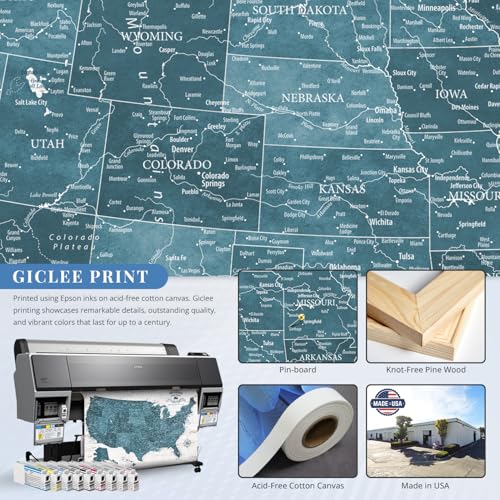 Image of IPIC - Antique Blue USA Travel Map, Pin Board Canvas Wall Art, Travel Map with Pins Included, Ready to Hang for Home or Office, 24x16 Inch