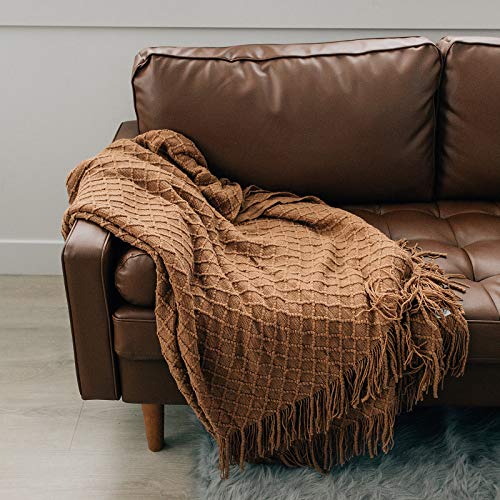 Graced Soft Luxuries Throw Blankets Woven Soft For Sofa Couch Decorative Knitted Farmhouse Fringe Blanket (Cashew, Large 60" X 50") #TOP1