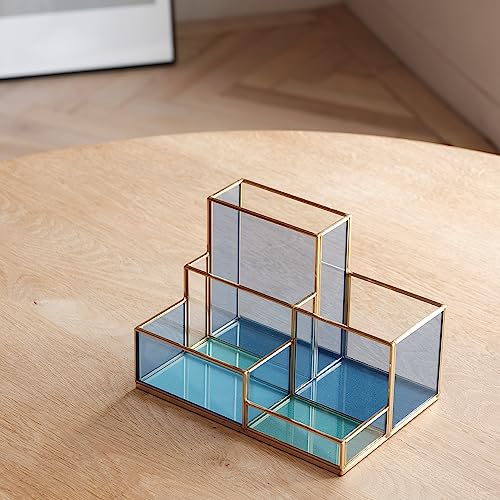 Fondazza 5-Compartment Desk Organizers And Accessories For Home Office Supplies, Blue Glass With Gold Brass Trim Office Décor, Pen Holder, Makeup Brush Holder #TOP7