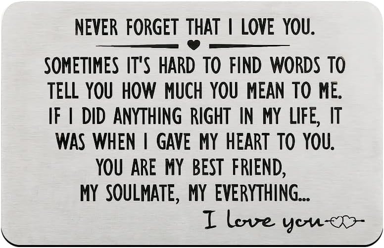 HuaJiao Wallet Insert Card, Never Forget That I Love You Engraved Wallet Insert Metal Card Card Gifts for Him Her Boyfriend Girlfriend Valentines Day Anniversary Christmas (Sliver)