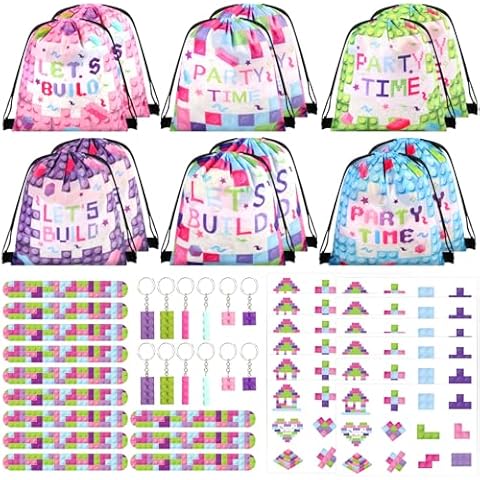 98 Pcs Train Party Favors,Train Print Party Supplies Include Stickers Stamps Keychains Slap Bracelets and Drawstring Bags Party Decorations for Kids TrainTheme Birthday supplies (E-Building Blocks) Cover