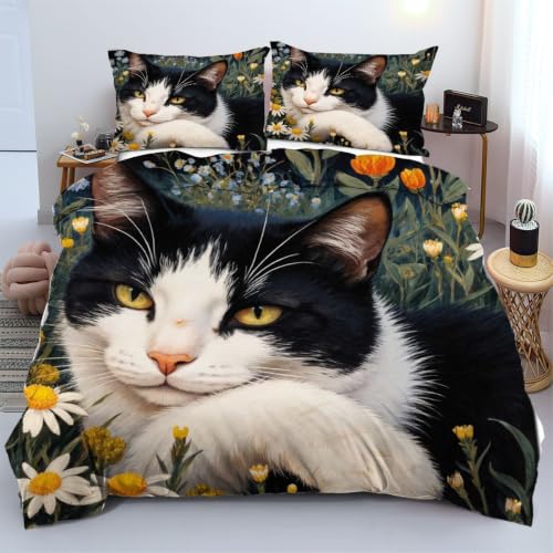 Linge de lit de haute qualité 140x200 cm chat noir blanc premium - 2