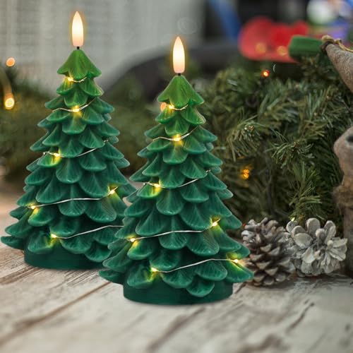 Image of Wondise Christmas Tree Flameless Candles with String Lights 11-Key Remote and Timer, Real Wax Battery Operated 3D Wick LED Flickering Candles for Christmas Holiday Indoor Dinner Decor(3 inch x 7.1 inch)