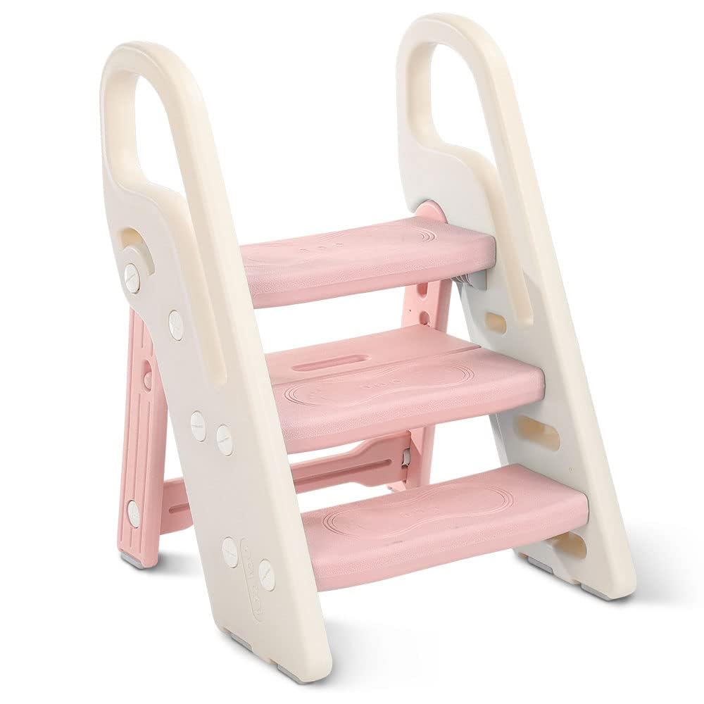 Onasti Foldable Step Stool for Kids, 2 Steps - 3 Steps Height Adjustable Toddler Step Stool, Toilet Steps for Potty Training, Learning Tower with Handle for Bathroom, Bedroom, Kitchen (Pink)