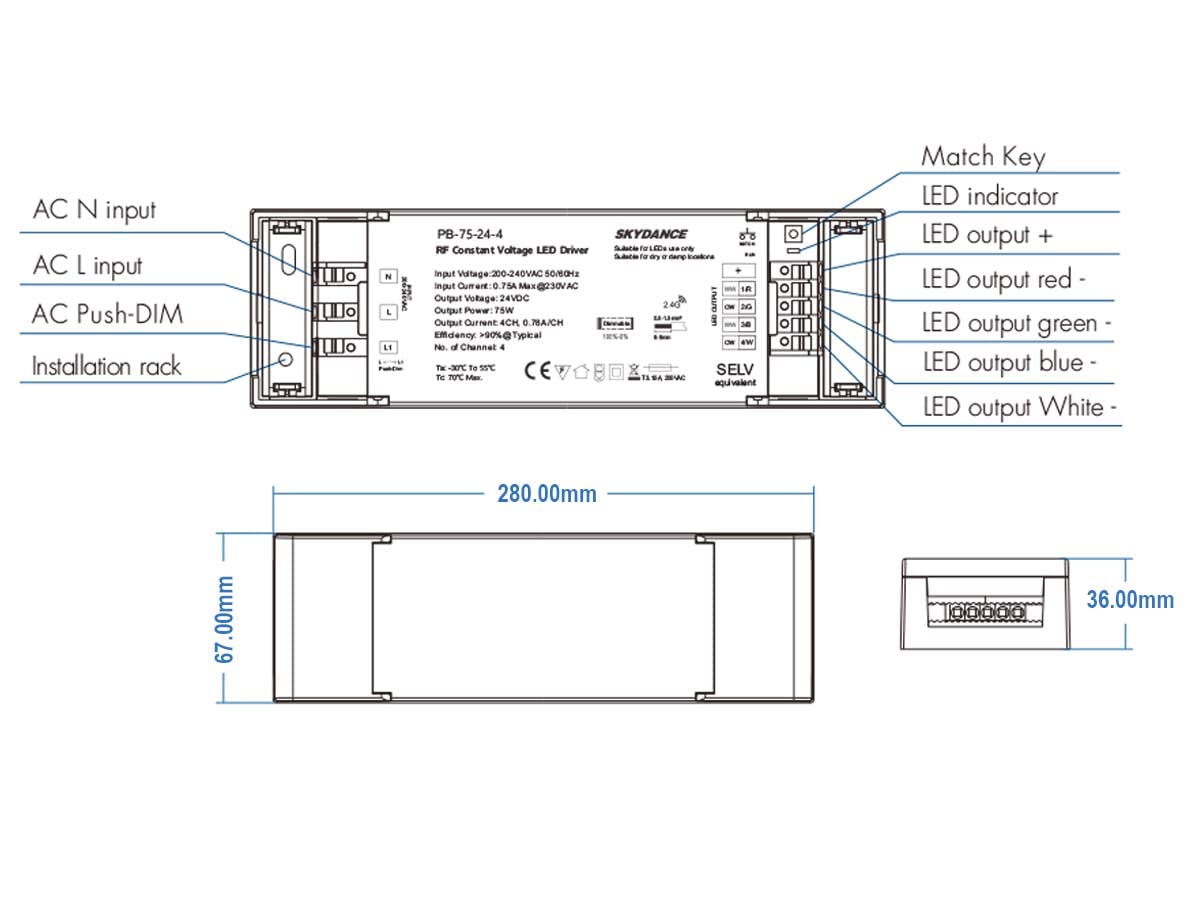 Transformador regulable, 24 V, 150 W, fuente de alimentación CV, regulador de presión de 4 canales con botón N.O. y mando a distancia RF de 2,4 G, para tira LED de 12 V