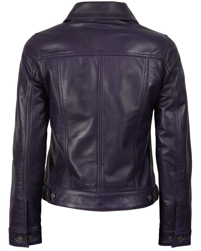 Image of Decrum Trucker Leather Jacket Women - Button Closure Vintage Style Real Lambskin Womens Leather Jacket