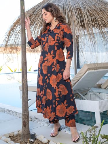 Image of Arayna Women's Pure Cotton Hand Block Printed Floral Ethnic Kurta Set with Palazzo Pants