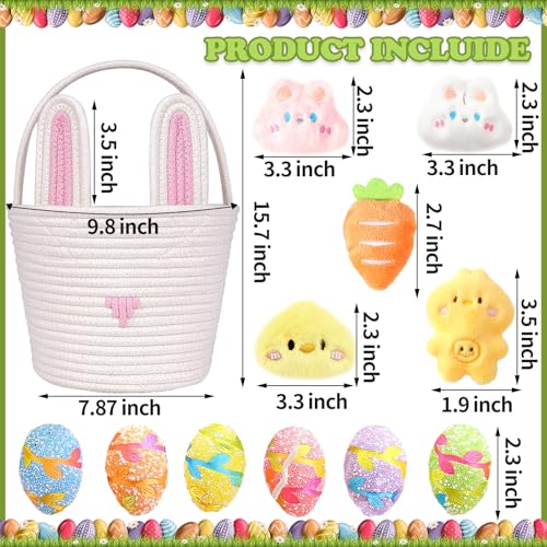 Image of Large Easter Basket for Kids Woven Easter Bunny Basket with Rabbit Ears, Bunny Egg Hunting Bag with Cute Rabbit Chicken Carrot Plush Decorations for Girls Boys Spring Presents