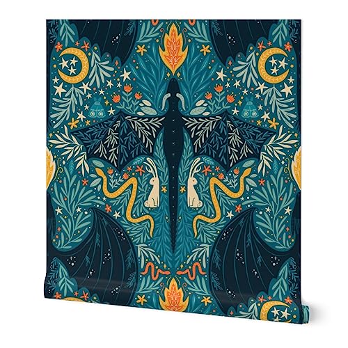 Image of Spoonflower Peel & Stick Wallpaper Swatch - Folk Dragons Fairy Tale Botanical Whimsical Room Magical Dragons Jackalopes Maximalist Custom Removable Wallpaper
