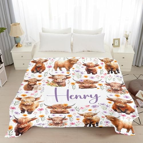 Image of Custom Highland Cow Blankets, Cute Highland Cow Gifts for Girls,Soft Flannel Throw Blanket with Name Floral Stuff Decoration,50 inchx60 inch for Teens