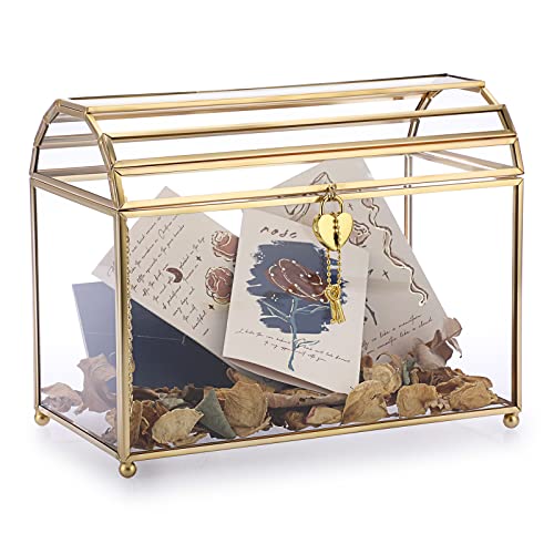 Elldoo 10" Gold Glass Wedding Card Box With Heart Lock, Vintage Glass Gift Boxes, Clear Envelope Box Geometric Terrarium With Feet For Wedding Receptions, Centerpiece Decor, Keepsake, Gift Display Box #TOP18