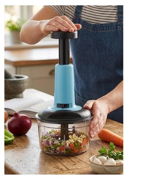 Image of Hand Push Vegetable Chopper | Manual Food Chopper with Stainless Steel Blades | Onion Cutter, Garlic Cutter, Chilli Cutter | M (Blue, M)