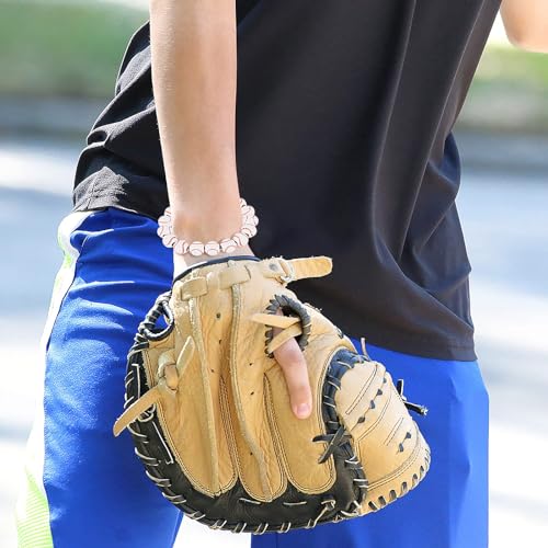 9-Pack Baseball Bracelets with 13 PCS Wooden Beads,Baseball Bracelet Strung with Stainless Steel Chain & Adjustable 18+4cm Length, Mini Heart Charm, Perfect for Baseball Team Gifts4