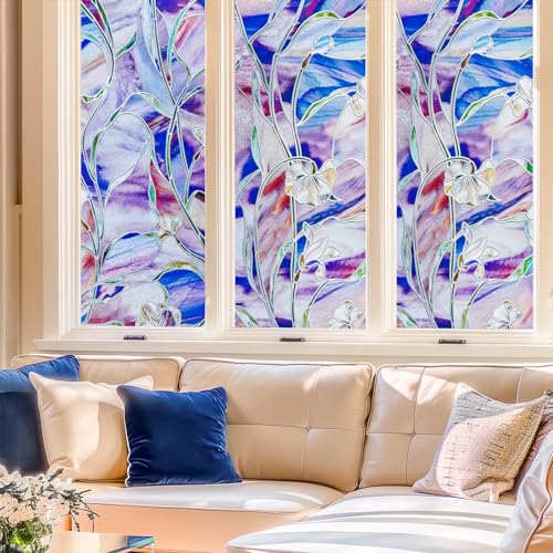 Image of SUNBABY Stained Glass Window Film,3D Decorative Window Privacy Film,Window Decals,Non-Adhesive Heat Control Anti UV Vinyl Static Clings,17.1 x 118 Inches
