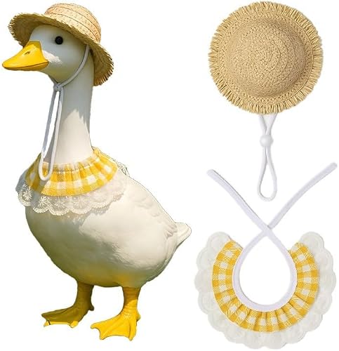SAKINU Porch Goose Costume, Straw Hat Lace Collar Set, Plaid Decor Outfit for Garden Goose Statue Pet