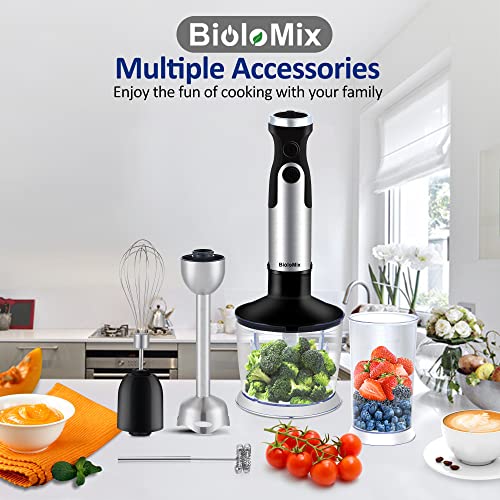 Image of BioloMix Hand Blender 5 in 1 Immersion Blender 1000W, 6 Speed With Turbo Mode hand blenders immersion Stainless Steel Blade With 800ml Chopper, 600ml Mixing Beaker, Whisk and Milk Frother