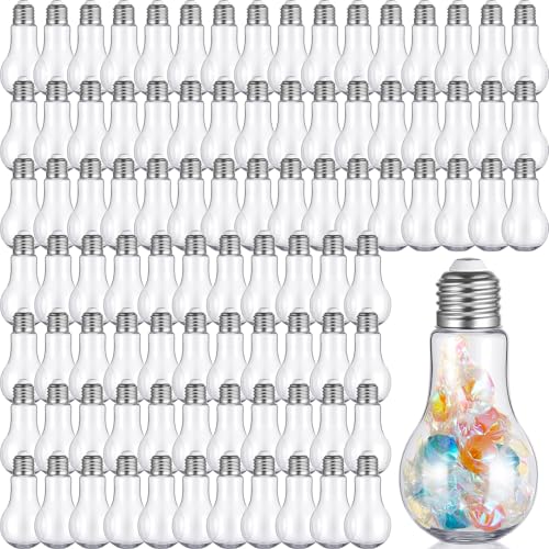 Juexica 108 Pieces Plastic Fillable Light Bulb Ornaments Clear Empty Lightbulb Containers Small Candy Bottles Drink Cups Decorative Jars for Crafts Gifts Party Favors 100 ml (Silver Cap)