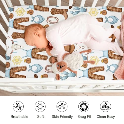 Image of Blue Western Cowgirl Cowboy Fitted Baby Crib Sheet for Boy Girl 52 inchx28 inch Desert Cowboy Hat Boot Sun Cactus Soft Breathable Baby Crib Mattress Bed Sheet Fits Standard Crib and Toddler Mattress