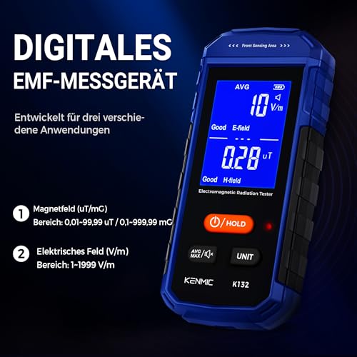 KENMIC Wiederaufladbares EMF-Messgerät, Strahlungsdetektor Tragbarer Handgehaltener Detektor für Elektromagnetische Felder mit Digitalem LCD, Prüfung von EF/MF - Blau