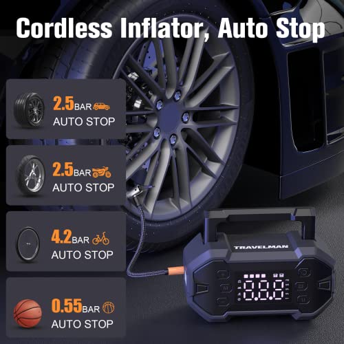 Travelman Car Jump Starter With Air Compressor, 150Psi 3000A Car Battery Jump Starter Battery Pack (10.0 Gas/8.0L Diesel), 12V Car Battery Booster Portable Jump Box With Tire Inflator #TOP3