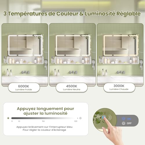 FORABAMB Armario Espejo Baño, Armario baño Pared con iluminación LED y Estación de Carga, Mueble Baño con Cesta de Almacenamiento y Estante Interior Ajustable, Tres Temperaturas de Color, 80x16x70 cm - imagen 3