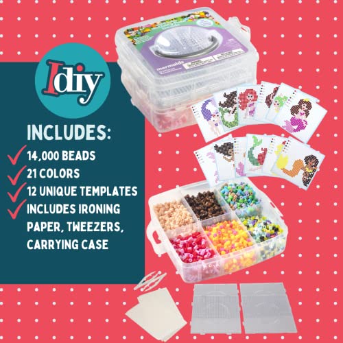 4,000Pc Fuse Beads Mermaid W Carrier Case - 21 Colors, 12 Unique Templates, 2 Peg Boards, Tweezers, Ironing Paper, Case, Works W Perler, Bulk Art Craft Project, Kids Birthday Party Gift, Summer Camp #TOP3