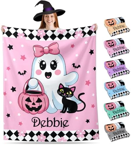 Personalized Halloween Blanket with Name, Cute Pink Ghost Blanket...